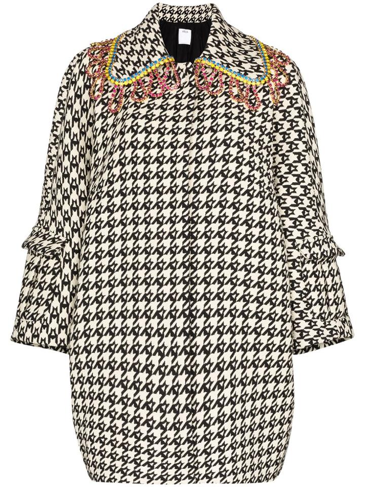Area Crystal Collar Houndstooth Check Coat - White