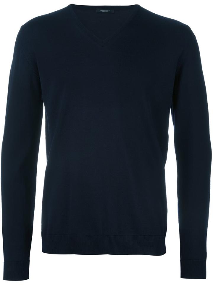 Roberto Collina V-neck Knitted Sweater, Men's, Size: 50, Blue, Merino