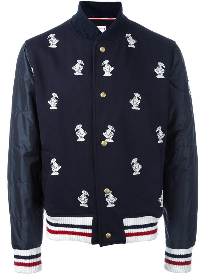Moncler Gamme Bleu Duck Embroidered Bomber Jacket, Men's, Size: Large, Blue, Cotton/polyamide/cupro/polyester