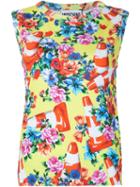 Moschino Floral And Traffic Cone Shell Top, Women's, Size: 42, Green, Cotton