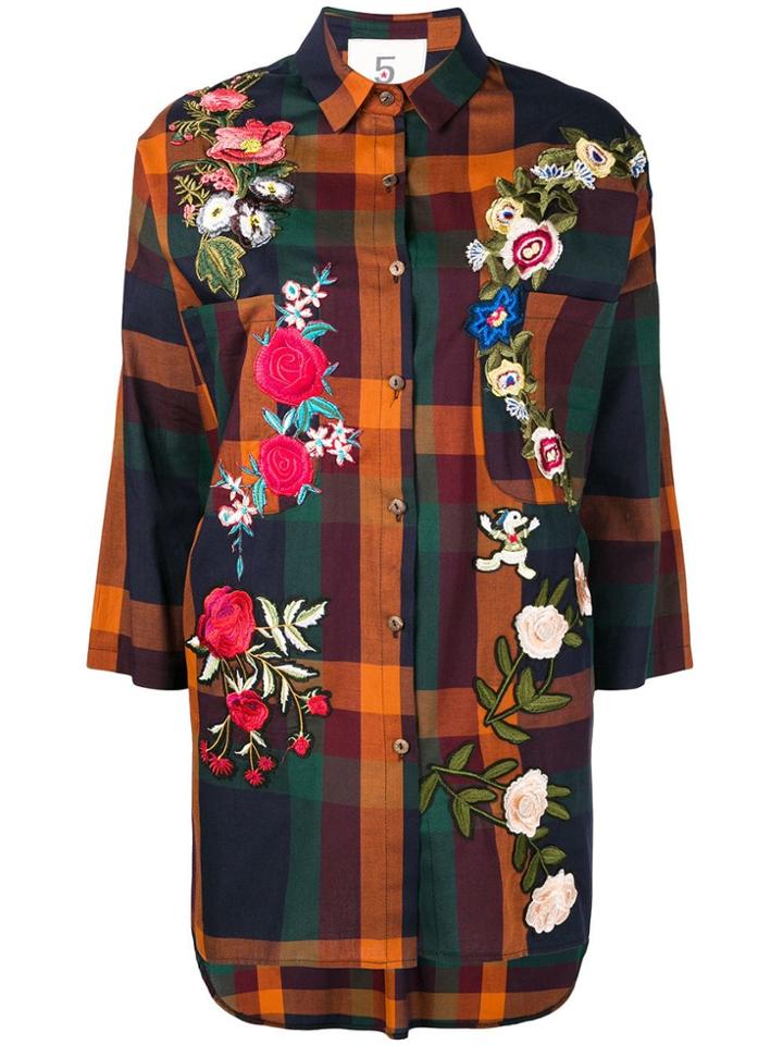 5 Progress Floral Embroidered Plaid Shirt Dress - Yellow & Orange