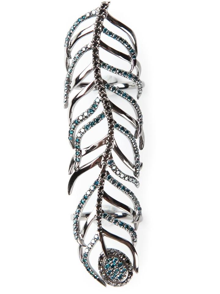 Nikos Koulis Long Peacock Feather Ring, Women's, Size: 53, Black