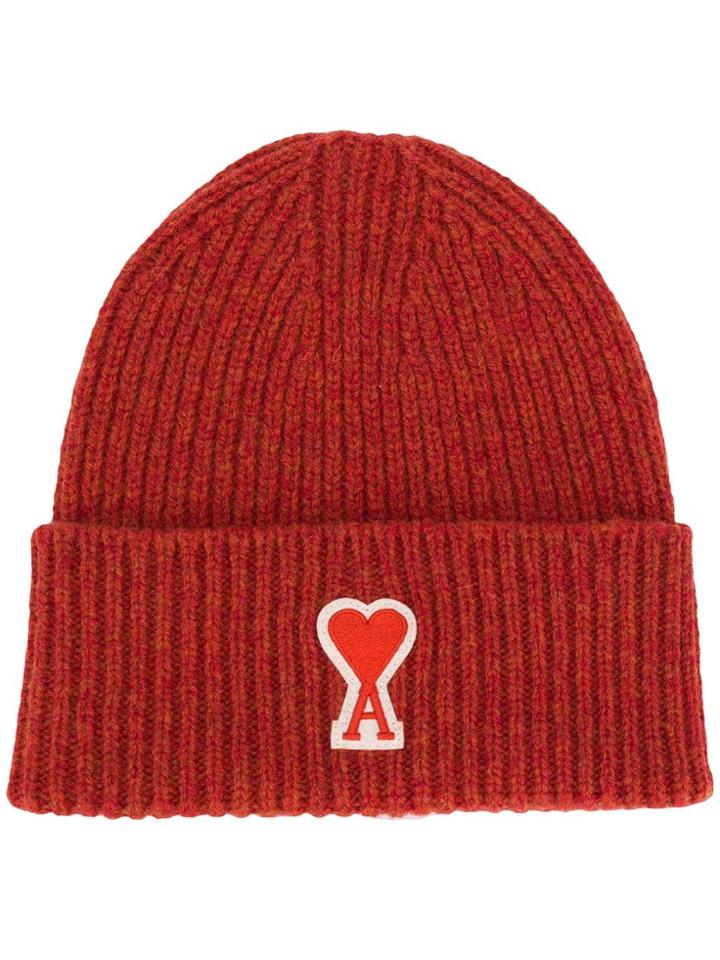 Ami Paris Ribbed Beanie Ami De Coeur Patch - Orange