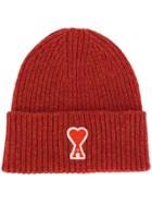 Ami Paris Ribbed Beanie Ami De Coeur Patch - Orange