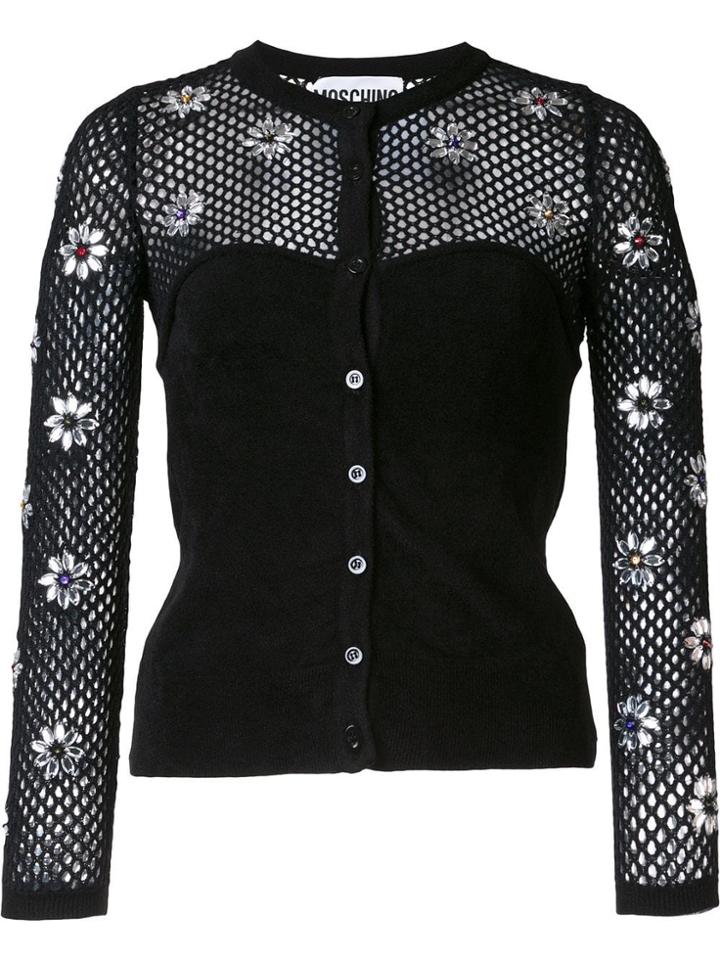 Moschino Flower Embellished Fishnet Top - Black