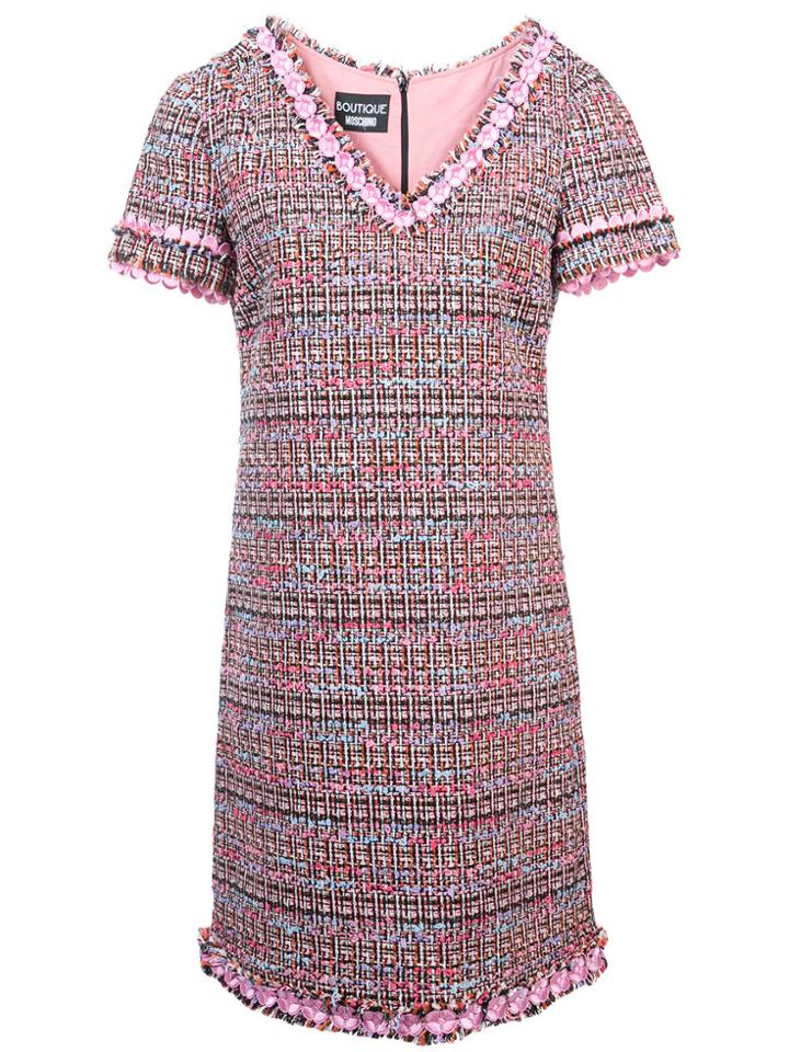 Boutique Moschino V-neck Tweed Dress - Pink & Purple