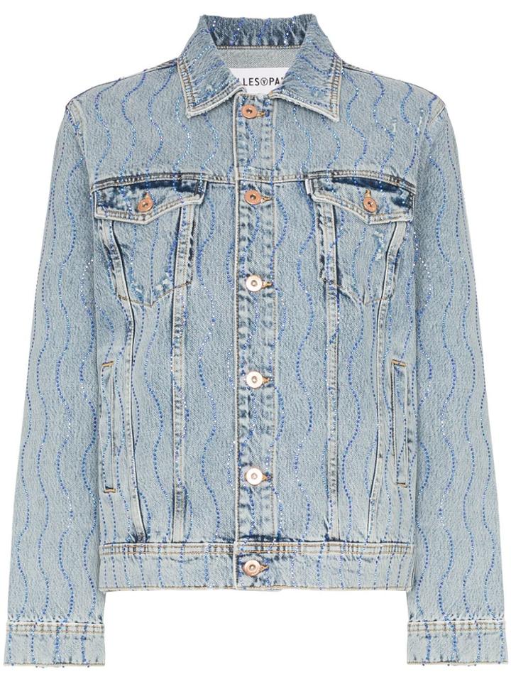 Filles A Papa Crystal Swirl Embellished Denim Jacket - Blue