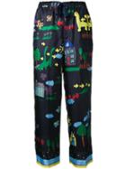 Muveil Illustration Print Drawstring Trousers, Women's, Size: 38, Blue, Polyester