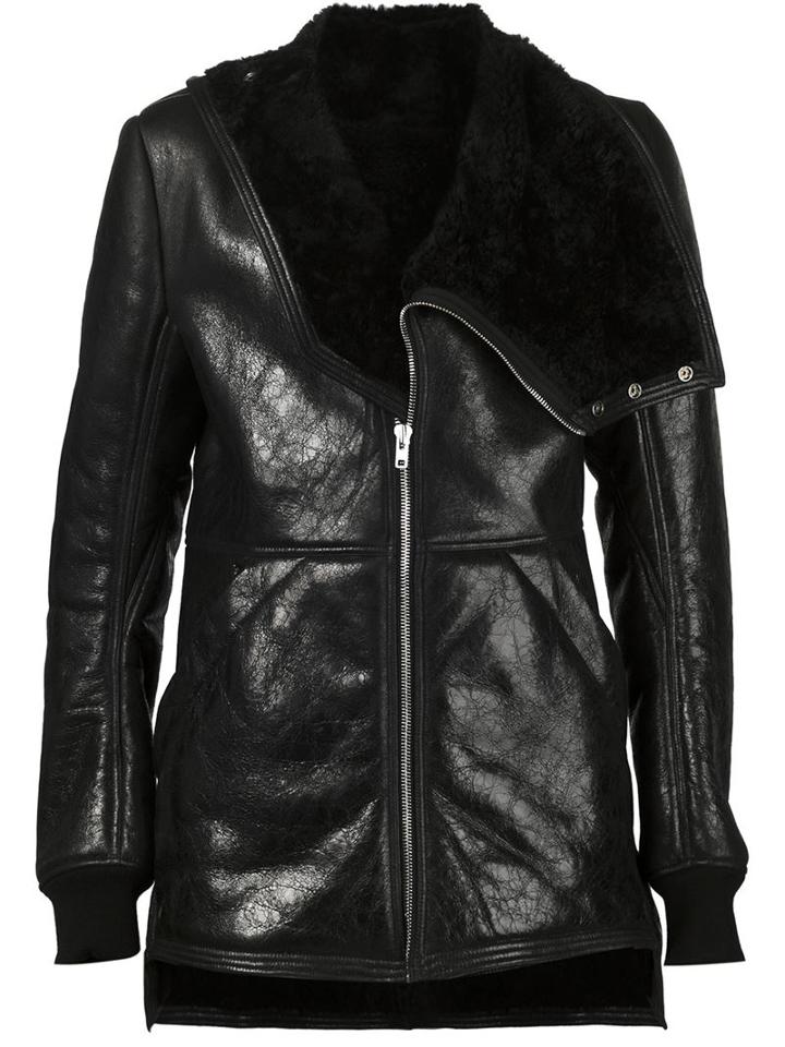 Rick Owens Draped Collar Aviator Jacket, Men's, Size: 48, Black, Sheep Skin/shearling