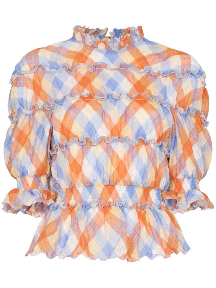 Rejina Pyo High Neck Check Print Ruffle Detail Blouse - Blue