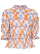 Rejina Pyo High Neck Check Print Ruffle Detail Blouse - Blue