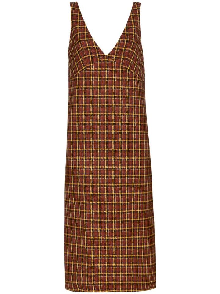 Plan C V-neck Check Shift Dress - Brown