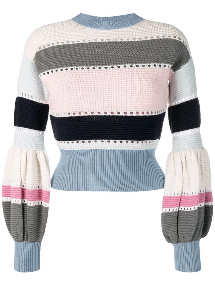 Self-portrait Puff Sleeve Striped Sweater - Blue