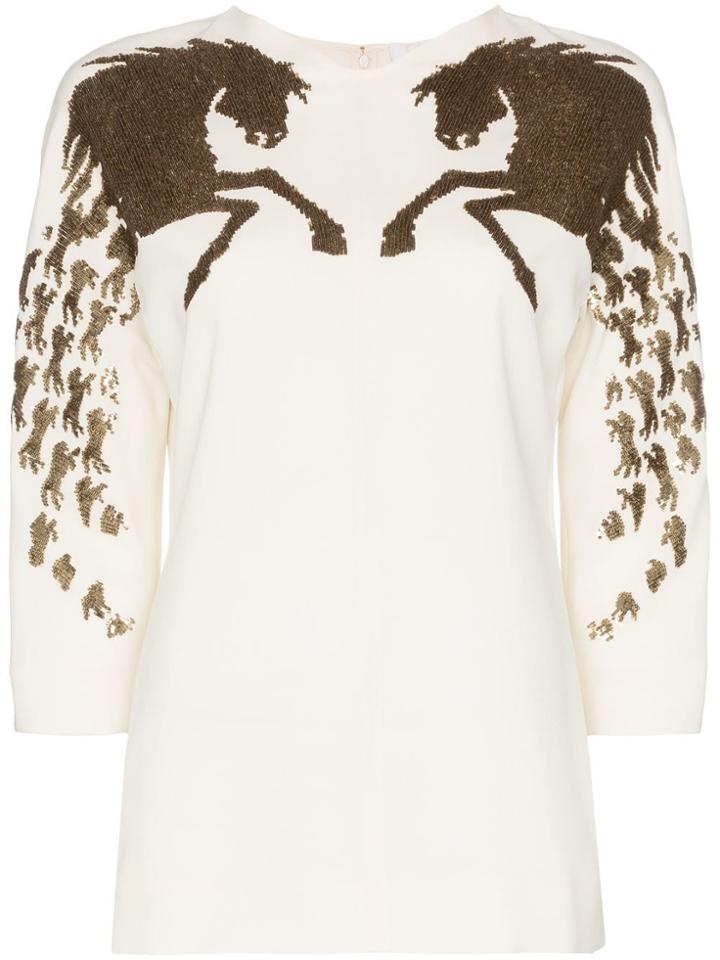 Chloé Sequin Embellished Horse Motif Silk Blend Blouse - White