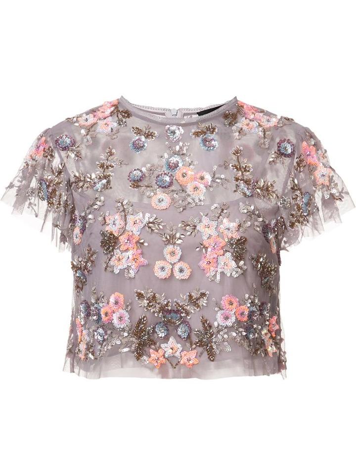 Needle & Thread Floral Embellishment Cropped Blouse, Women's, Size: 0, Pink/purple, Polyester/nylon