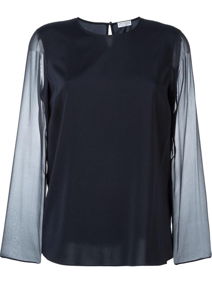 Brunello Cucinelli Sheer Sleeve Blouse, Women's, Size: M, Blue, Silk/spandex/elastane