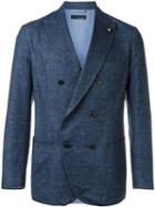 Lardini Double-breasted Woven Blazer, Men's, Size: 52, Blue, Cotton/linen/flax/nylon/viscose