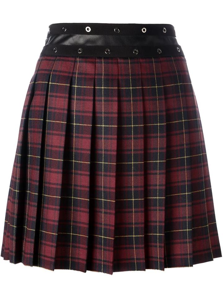 Giamba Pleated Plaid Skirt, Women's, Size: 44, Red, Polyester/polyurethane/virgin Wool