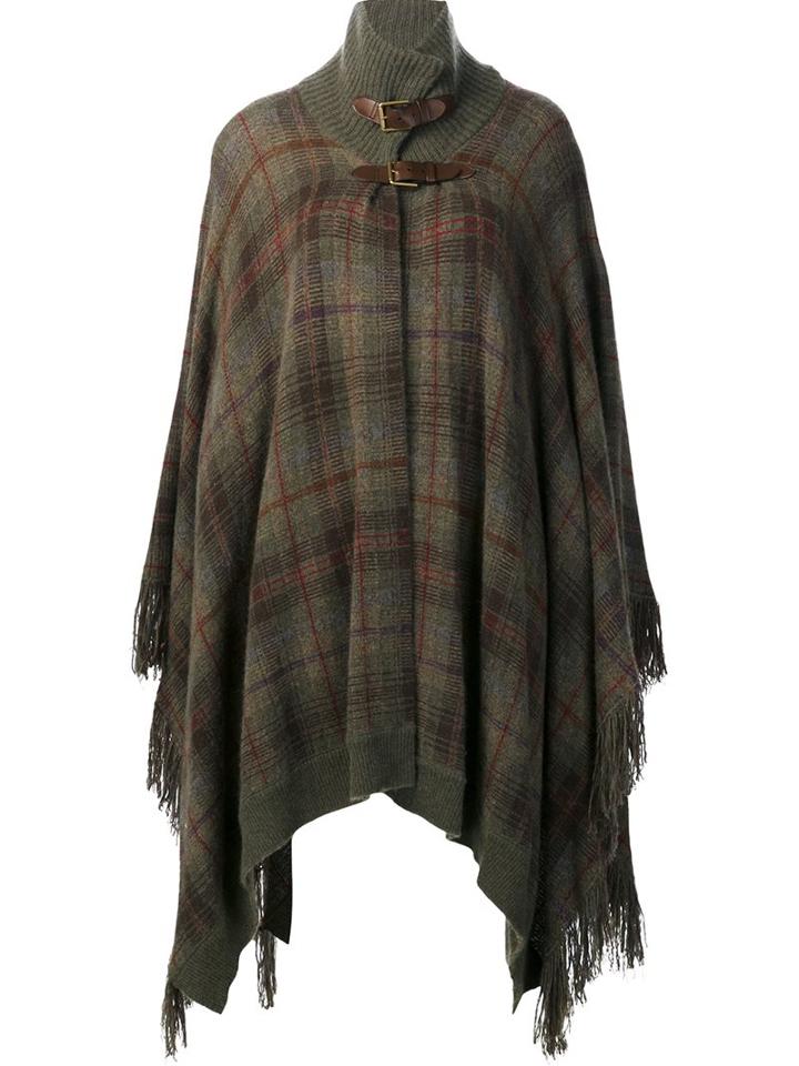 Ralph Lauren Checked Fringed Poncho, Women's, Size: Xs, Green, Silk/wool