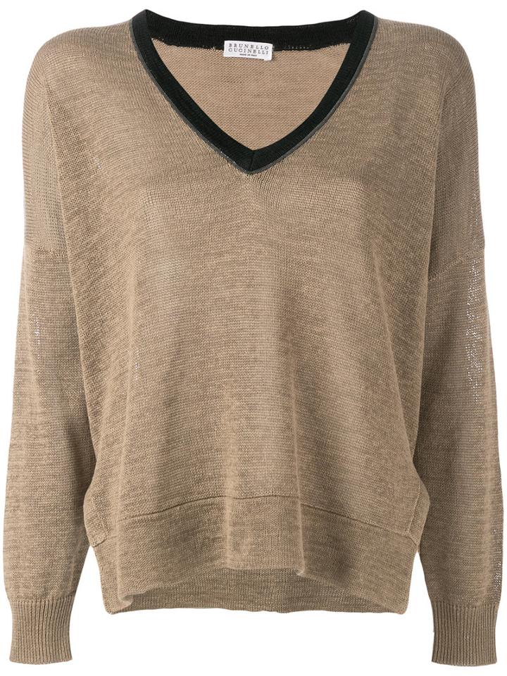 Brunello Cucinelli - V-neck Jumper - Women - Cotton/brass - S, Women's, Brown, Cotton/brass