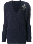 Ermanno Scervino V-neck Cable Knit Applique Sweater - Blue