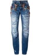 Dolce & Gabbana Embellished Ripped Boyfriend Jeans, Women's, Size: 38, Blue, Cotton/crystal/plastic/polyester