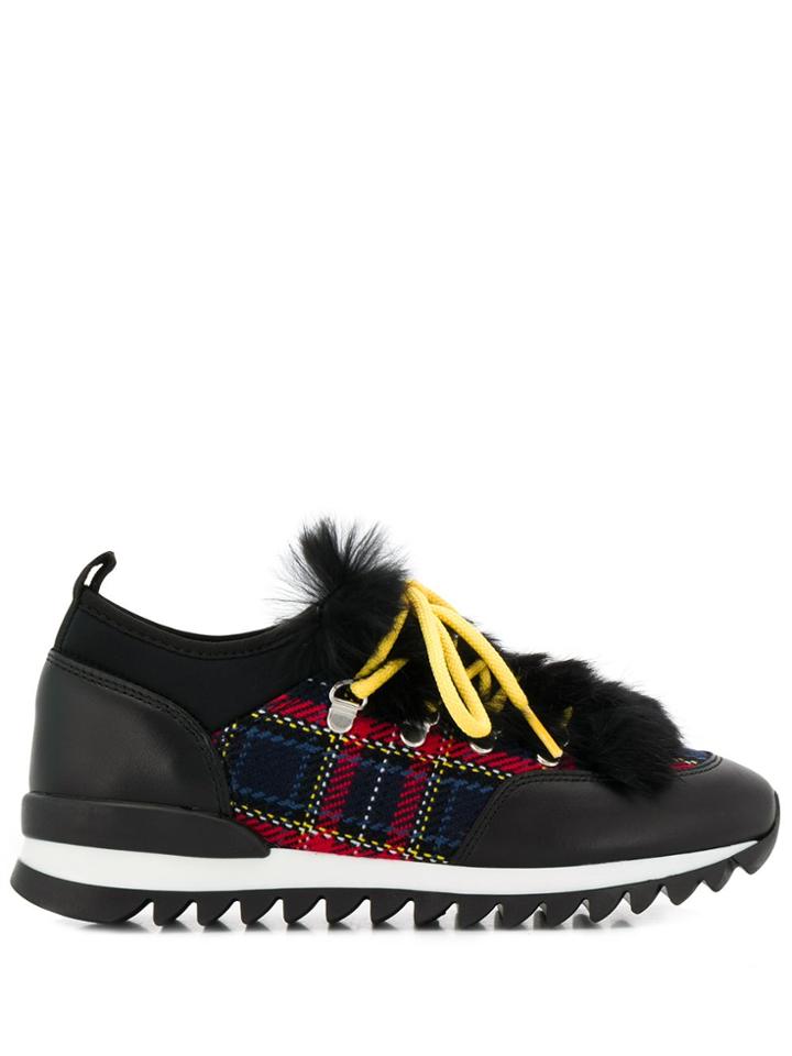 Pollini Fur Trim Check Print Sneakers - Black
