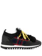 Pollini Fur Trim Check Print Sneakers - Black