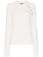 Balmain Long-sleeved Knitted Cashmere Gold Button Sweater - White