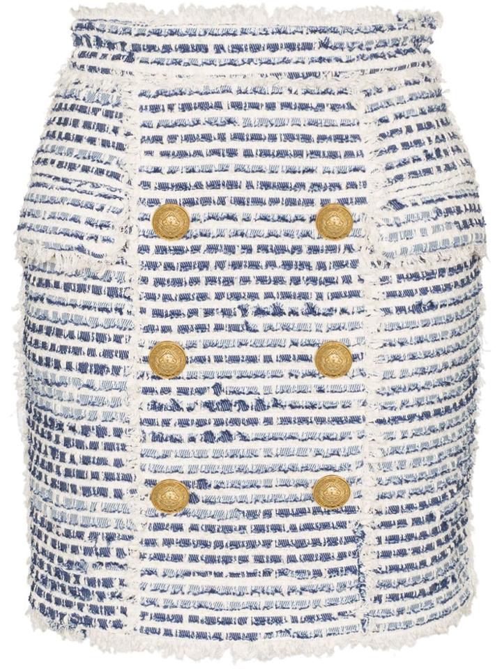 Balmain High-waisted Button Embellished Tweed Skirt - Blue