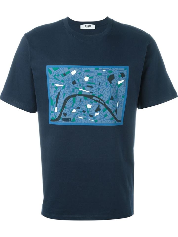 Msgm Paris Map Print T-shirt, Men's, Size: M, Blue, Cotton