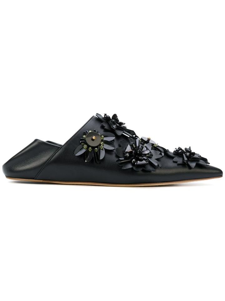 Marni Sabot Floral Appliqué Mules - Black