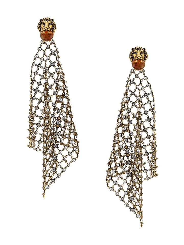 Gucci Lion Head Crystal Mesh Earrings - Gold