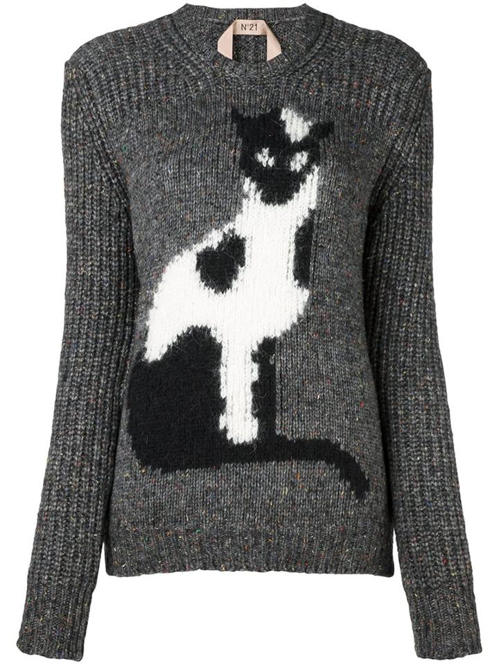 No21 Intarsia Knitted Cat Jumper, Women's, Size: 42, Grey, Silk/polyamide/wool