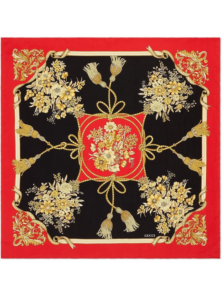 Gucci Silk Carré With Flowers And Tassels Print - Black
