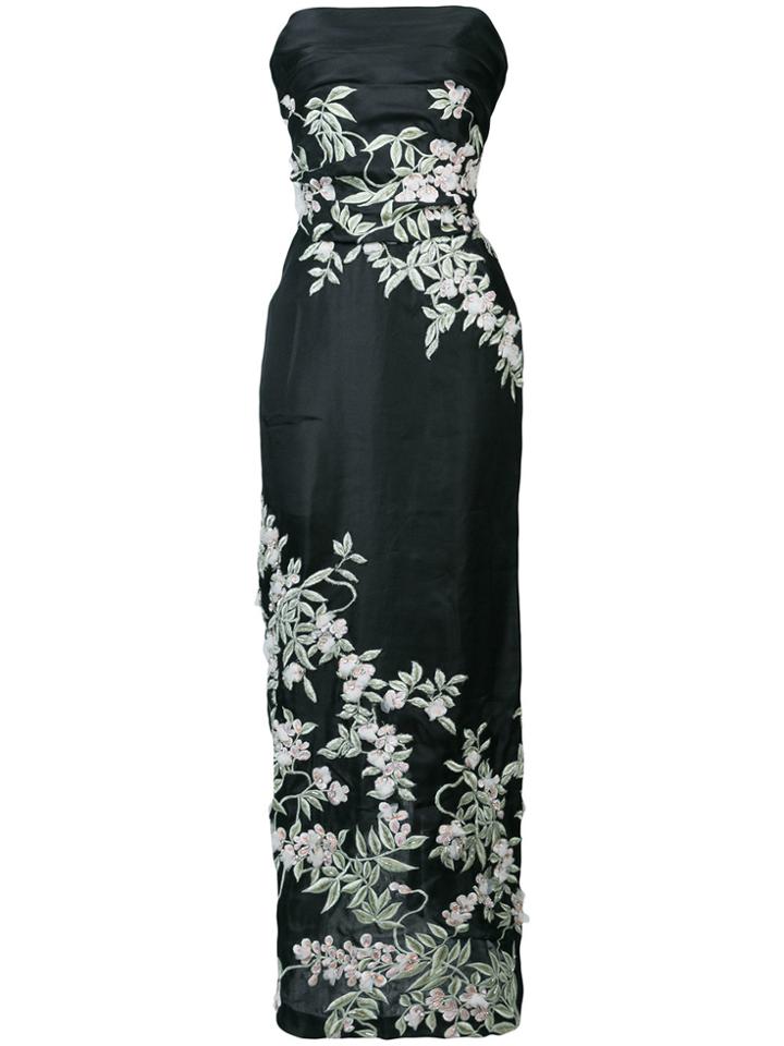 Marchesa Floral-embroidered Column Gown - Black
