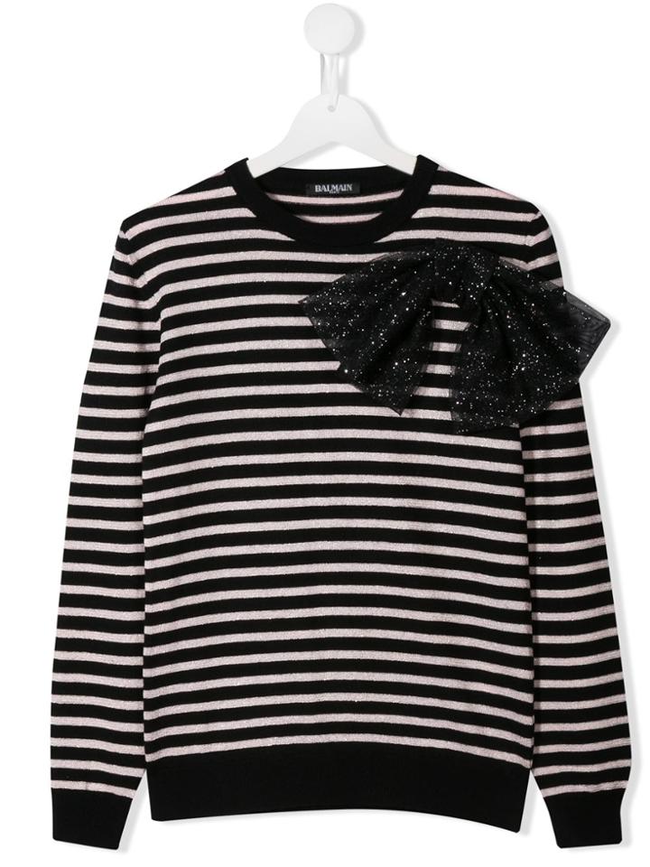 Balmain Kids Teen Bow-embellished Striped Jumper - Black