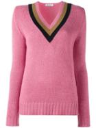 Dondup Striped V-neck Jumper, Women's, Size: Small, Pink/purple, Wool/acrylic
