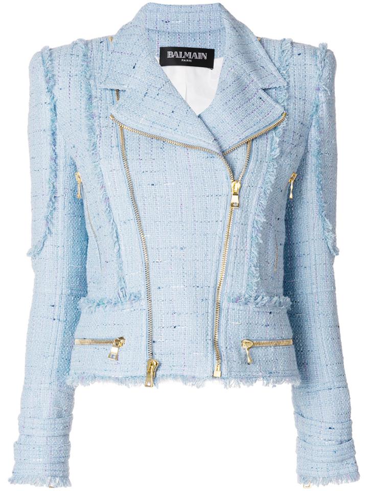 Balmain Tweed Biker Jacket - Blue