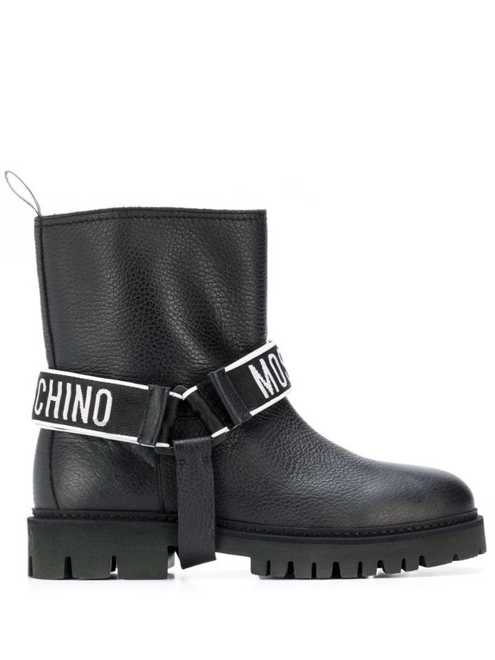 Moschino Logo Strap Boots - Black