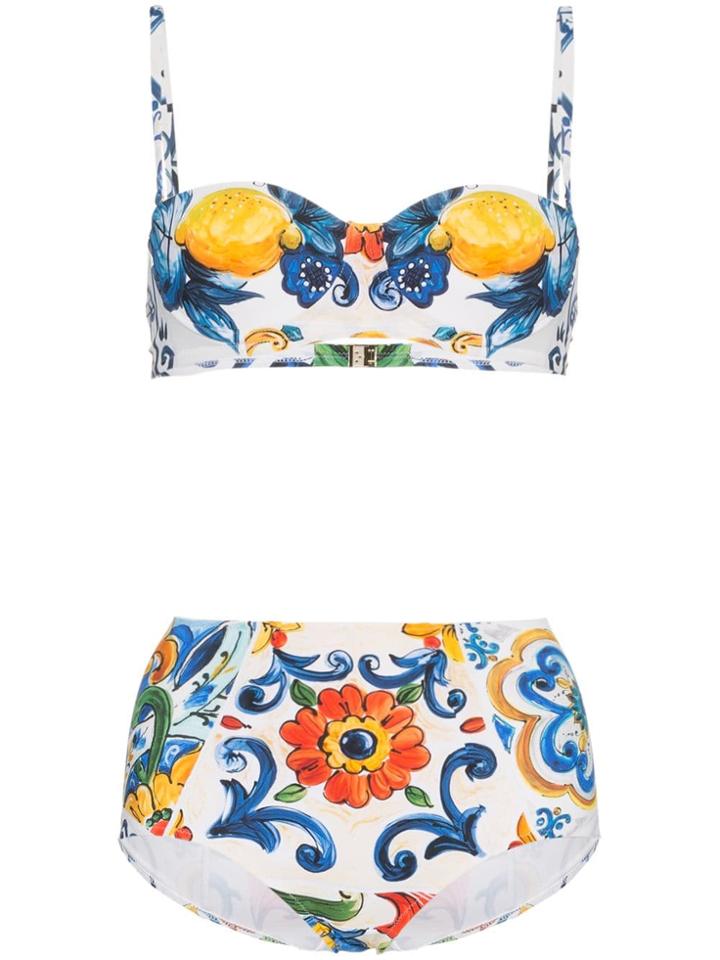 Dolce & Gabbana High Waisted Majolica Print Bikini - White
