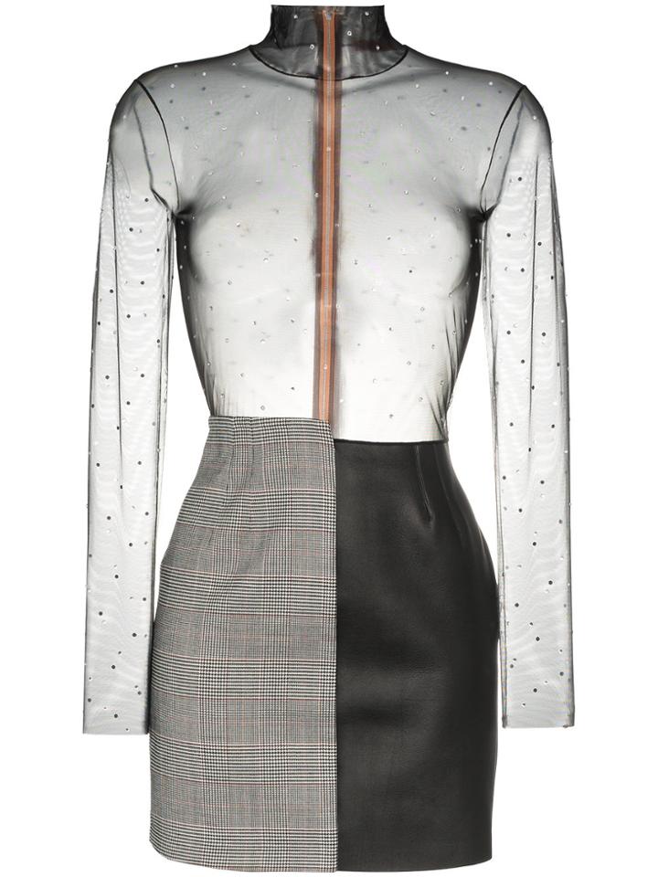 Heron Preston High Neck Rhinestone Mesh Leather Virgin Wool Mini Dress