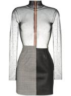 Heron Preston High Neck Rhinestone Mesh Leather Virgin Wool Mini Dress