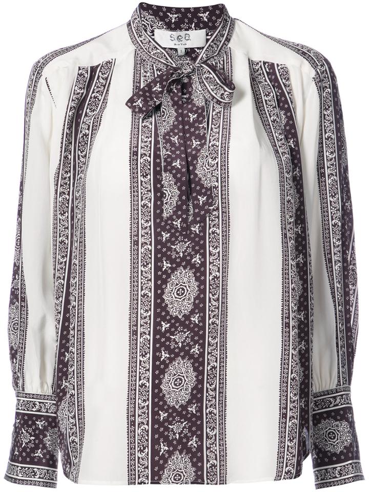 Sea Striped Tie Neck Shirt - White