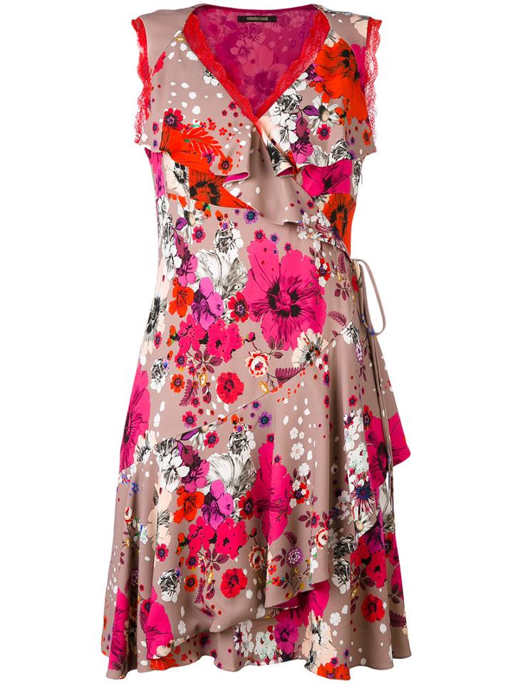 Floral Print Frill Dress - Women - Silk/spandex/elastane/viscose - 44, Red, Silk/spandex/elastane/viscose, Roberto Cavalli