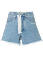 Off-white High Waisted Frayed Denim Shorts - Blue