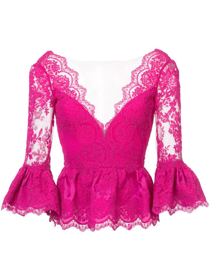 Marchesa - Frilled Peplum Lace Blouse - Women - Silk/cotton - 10, Pink/purple, Silk/cotton