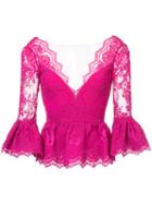 Marchesa - Frilled Peplum Lace Blouse - Women - Silk/cotton - 10, Pink/purple, Silk/cotton
