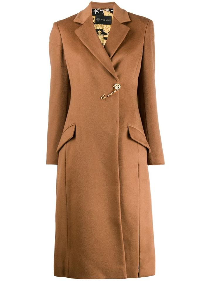 Versace Brooch Detail Textured Coat - Brown