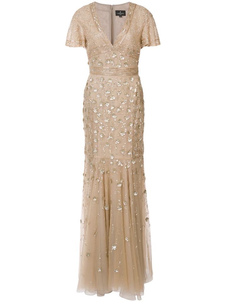 J. Mendel Embellished Flutter Sleeve Gown - Nude & Neutrals